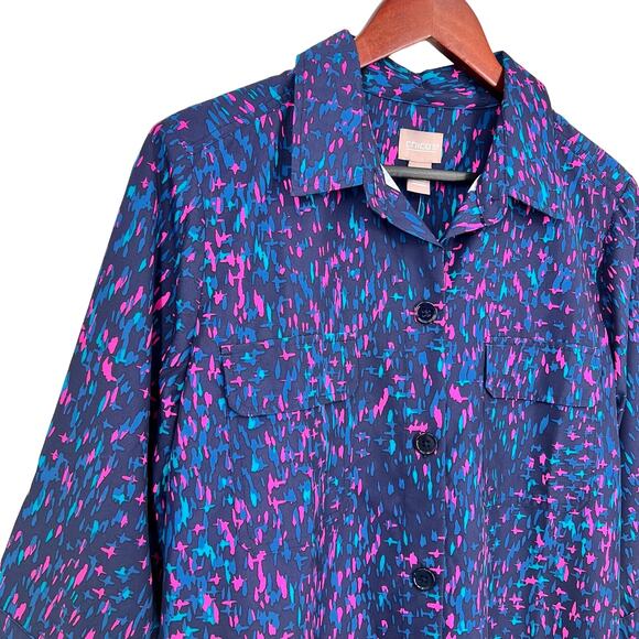 NEW NWT Chicos Sz LARGE 2 Blue Pink 3/4 Sleeve Summer Button Up Shirt Top Mature - Picture 3 of 9